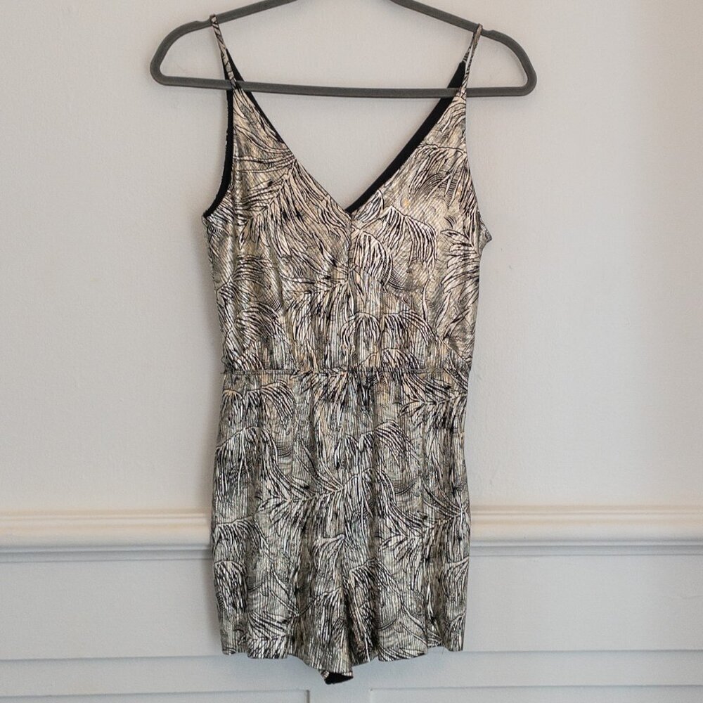 Topshop Petite Metallic Palm Print Romper Dress Shorts Women’s Size 2 US 34 EU - Picture 2 of 5